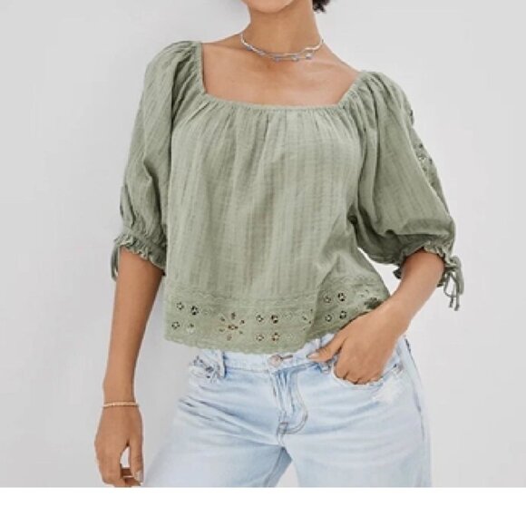 NWOT American Eagle Olive Green Eyelet Half Sleeve Wide Neck Puff Sleeve Top L - Picture 2 of 6